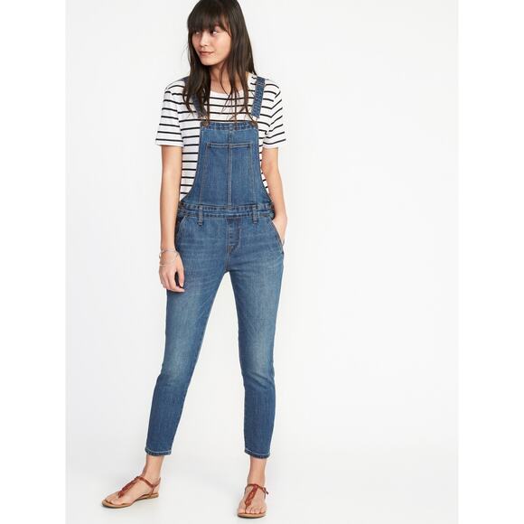Old Navy Women's Bib Overalls Size 0 Medium Wash Denim Skinny Leg Side Zipper - Picture 1 of 10